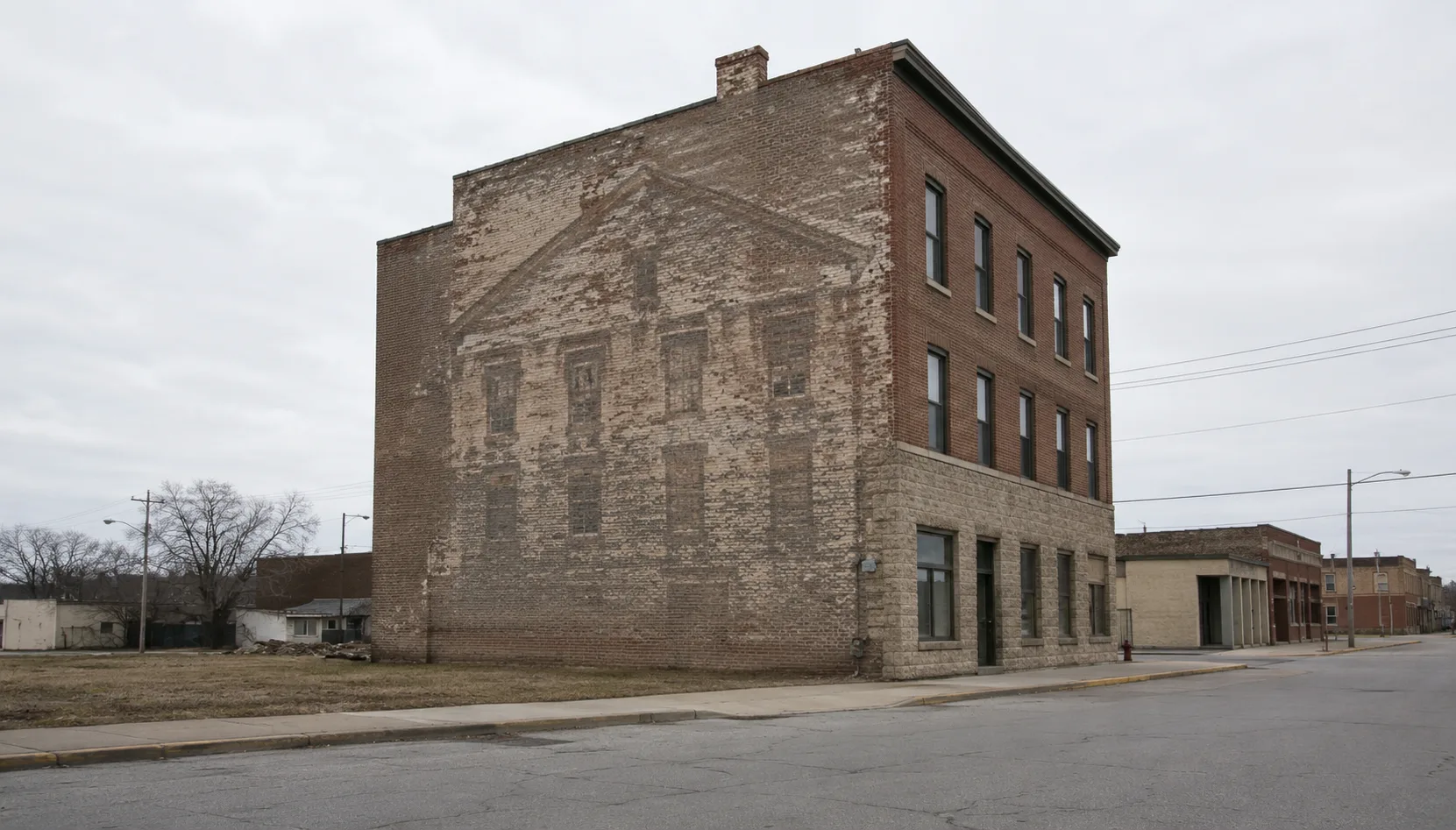 An old building facade with the ghost outline of an earlier structure