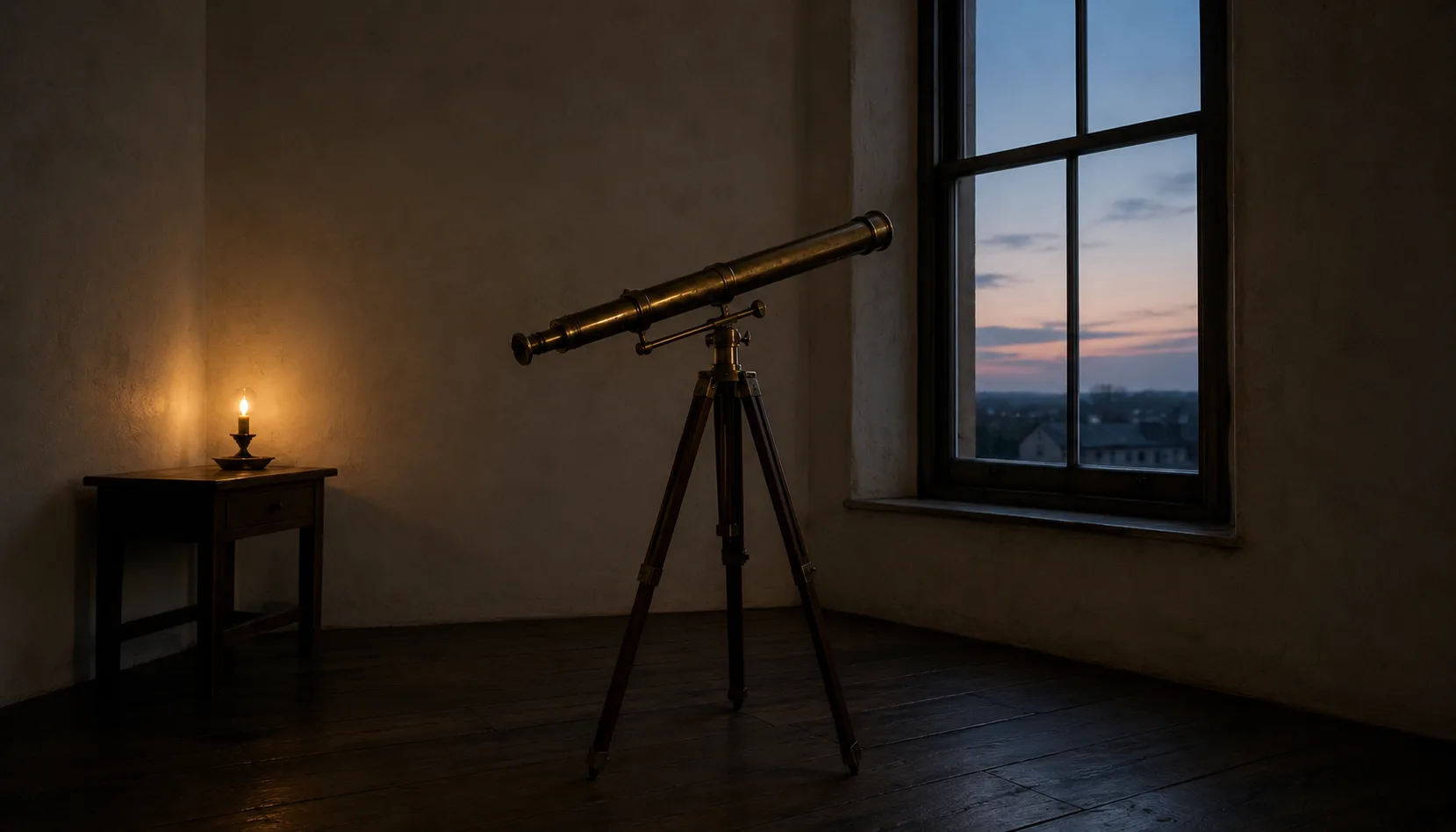 A brass telescope by a window at dusk