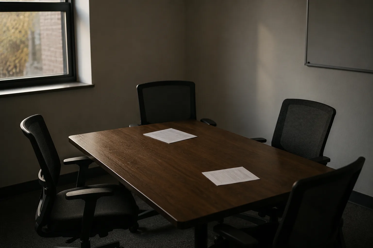 An empty conference table just after a meeting